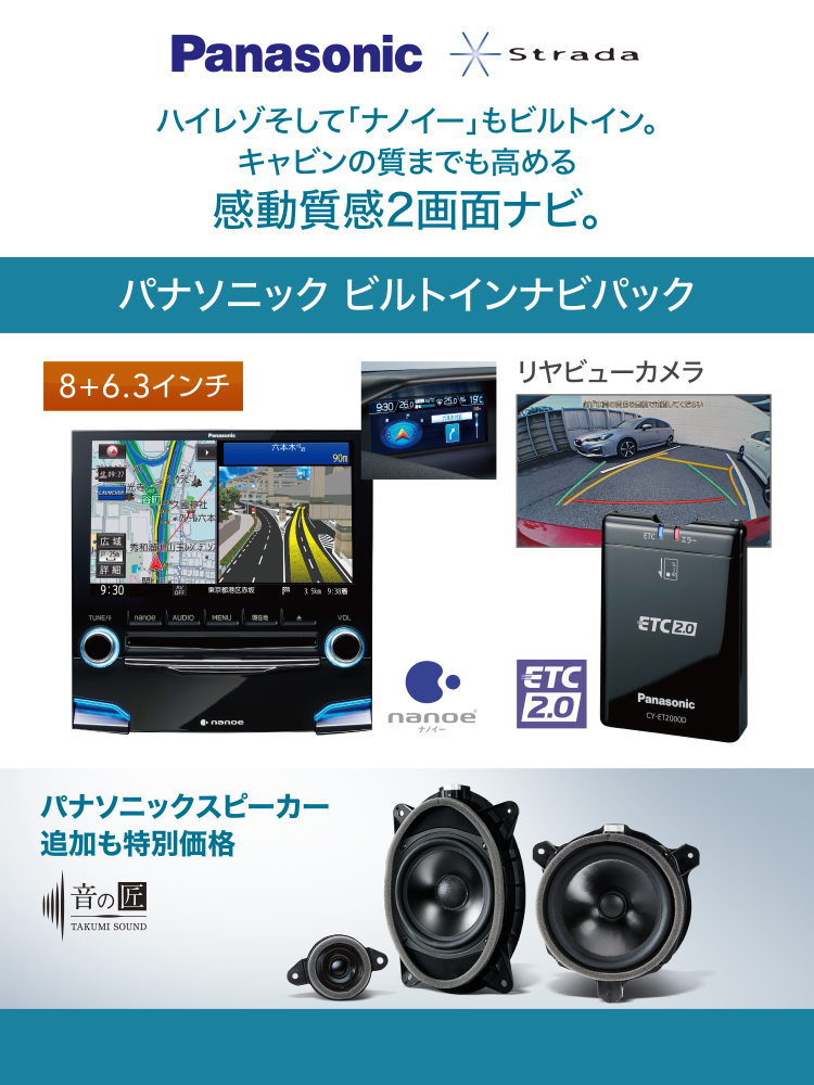 Panasonic ハイレゾそして「ナノイー」もビルトイン。キャビンの質まで高める感動質感2画面ナビ。　パナソニック ビルトインナビパック