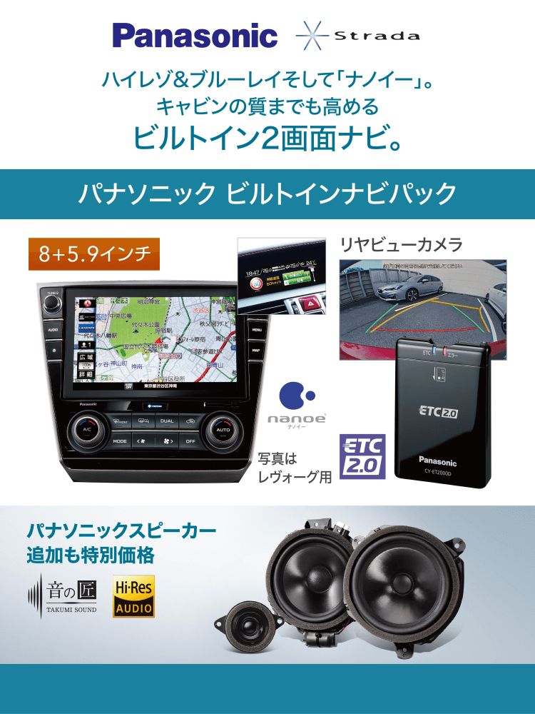 Panasonic Strada ハイレゾ＆ブルーレイそして「ナノイー」。キャビンの質までも高めるビルトインナビ2画面ナビ。パナソニック ビルトインナビパック