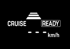 追従クルーズ表示、車間設定表示が点灯し、セット車速表示に“- - - km/h”が表示されます。セット可能状態になるとREADY 表示が点灯します。