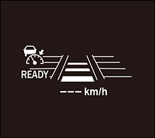 追従クルーズ表示、車間設定表示が点灯し、セット車速表示に“- - - km/h”が表示されます。セット可能状態になるとREADY 表示が点灯します。
